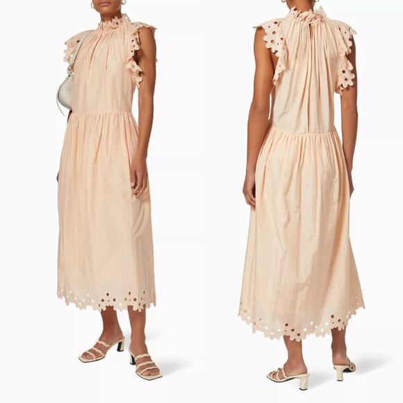 Magali Pascal Corinne Silk Blend Midi Dress Peach/Orange Ruffle Sleeve Small - Picture 1 of 9